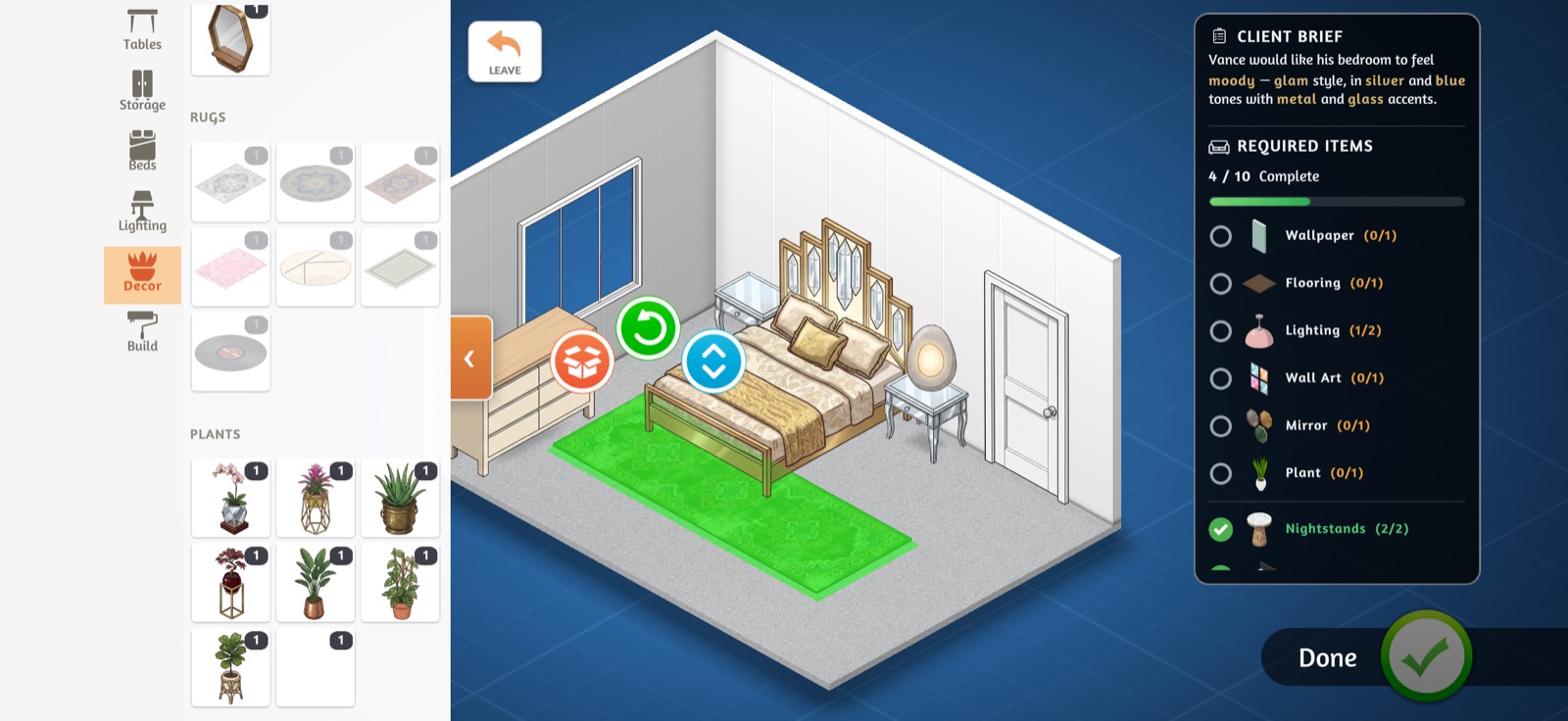 Designing a glam bedroom for a client brief